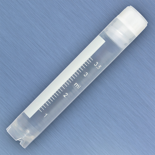 Globe Scientific CryoCLEAR vials, 4.0mL, STERILE, Internal Threads, Attached Screwcap with Co-Molded Thermoplastic Elastomer (TPE) Sealing Layer, Round Bottom, Self-Standing, Printed Graduations, Writing Space and Barcode, 50/Bag cryogenic vials; cryogenic tubes; storage tubes; sterile tubes; cryogenic